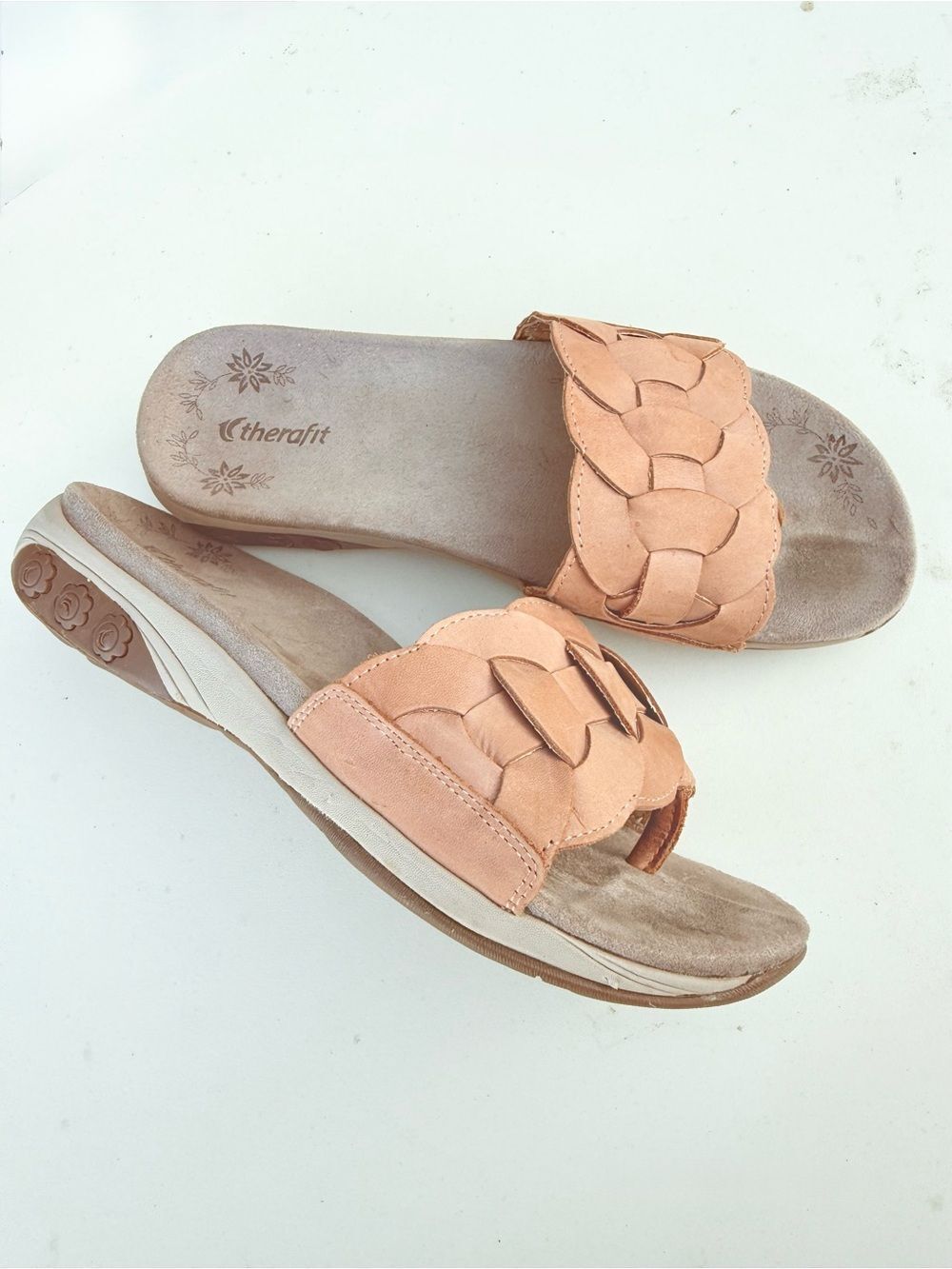 Therafit Delilah Rose Leather Woven Slide Sandals size 7 Orthotic Comfort